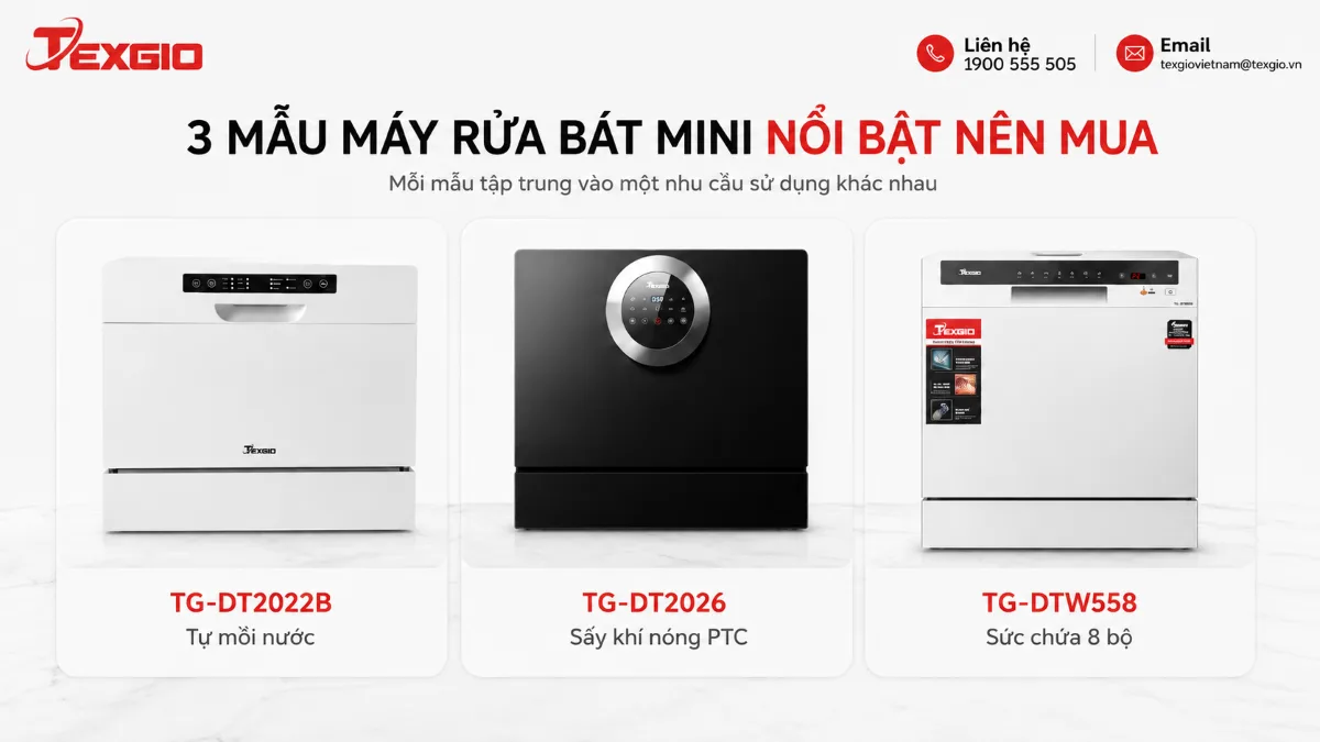 Ba mẫu máy rửa bát mini nổi bật gồm TG-DT2022B tự mồi nước, TG-DT2026 sấy khí nóng PTC và TG-DTW558 sức chứa 8 bộ