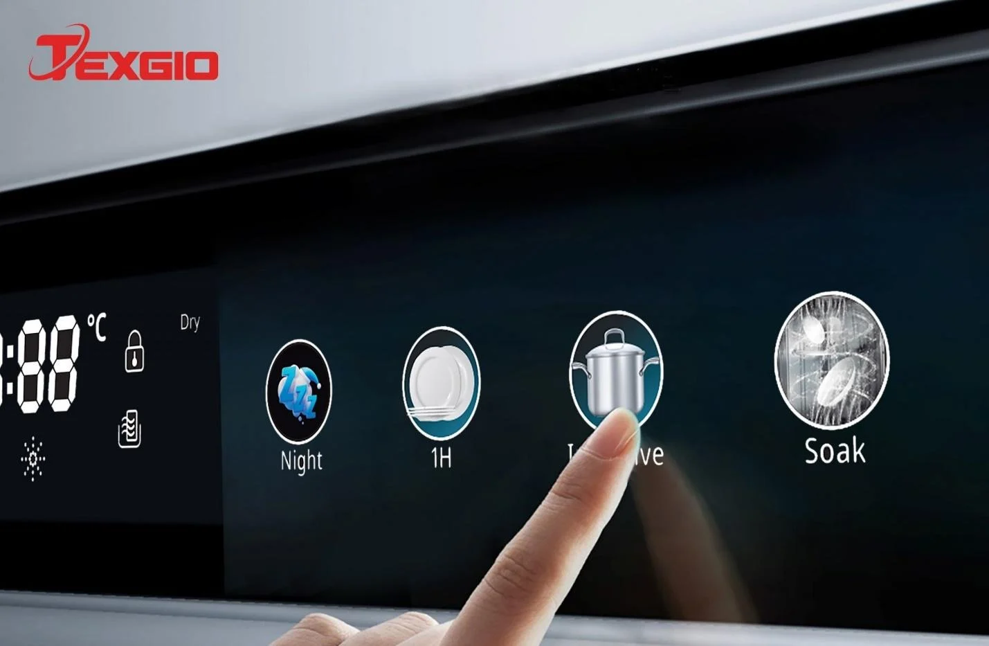 Bảng điều khiển cảm ứng của máy rửa chén bát TGDM795B Smart Pro với các chế độ rửa như Night, 1H, Intensive và Soak