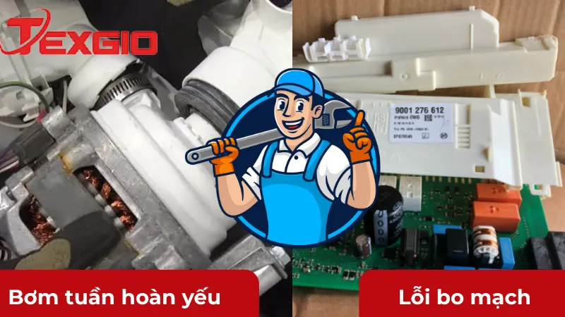 Máy rửa bát không phun nước do bơm tuần hoàn yếu và lỗi bo mạch