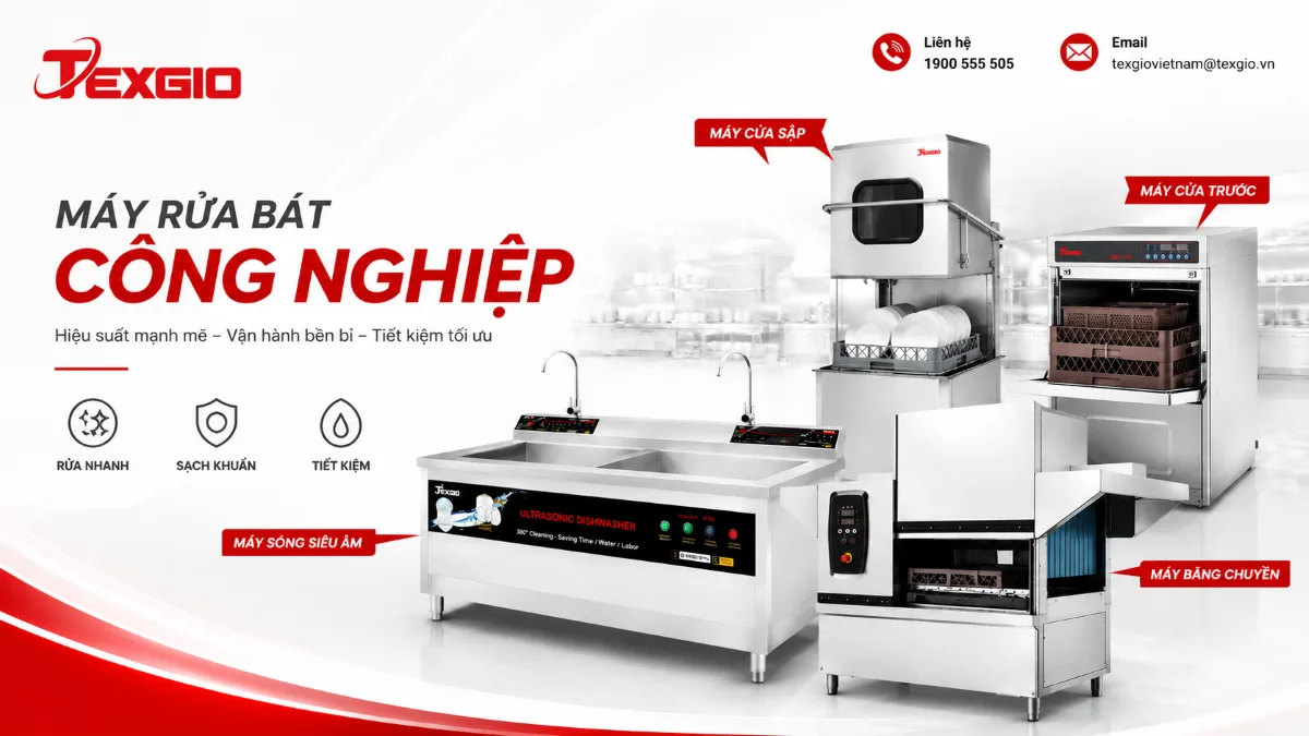Các dòng máy rửa bát công nghiệp gồm máy cửa trước, máy cửa sập, máy sóng siêu âm và máy băng chuyền