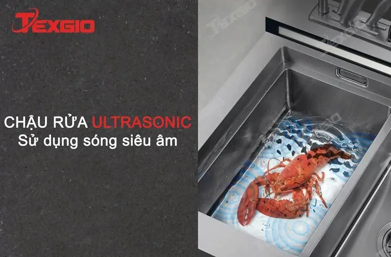 Chậu rửa siêu âm trên máy rửa bát kết hợp chậu rửa TGUMF11S, dùng sóng siêu âm để hỗ trợ làm sạch hải sản trong bồn inox