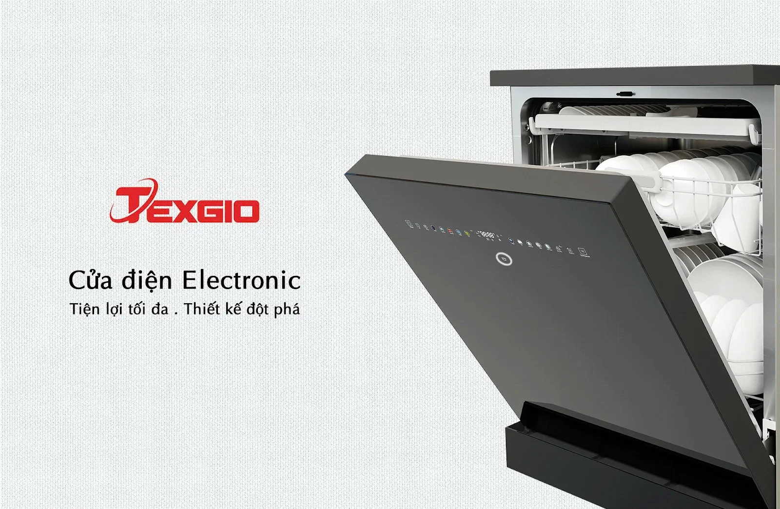 Cửa điện Electronic trên máy rửa bát TGDM795B Smart Pro, thiết kế không tay nắm với bảng điều khiển cảm ứng trên mặt cửa