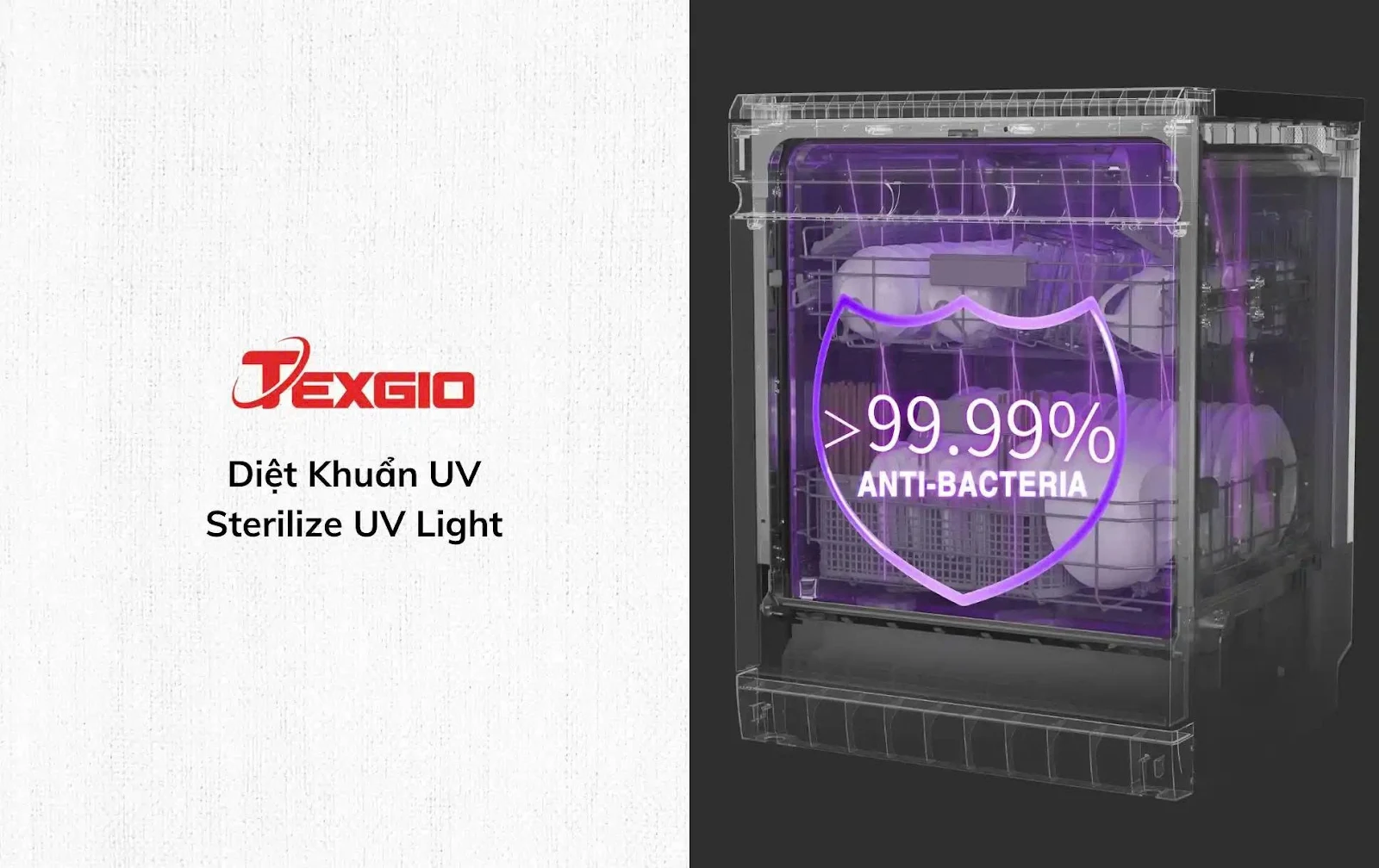 Tính năng diệt khuẩn UV trên máy rửa chén bát TGF8817B Perfect, hỗ trợ khử khuẩn bát đĩa trong khoang rửa