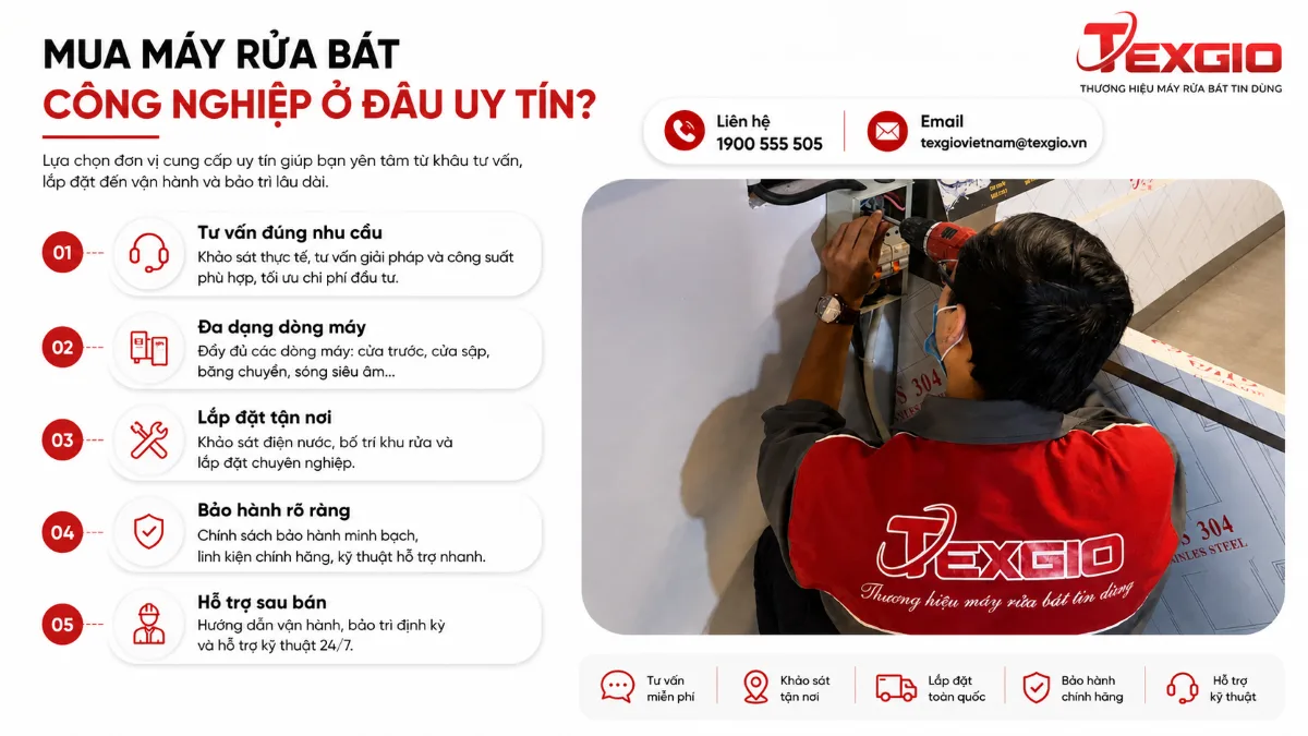 Tiêu chi chọn nơi mua máy rửa bát công nghiệp uy tín với hình kỹ thuật viên lắp đặt thực tế.