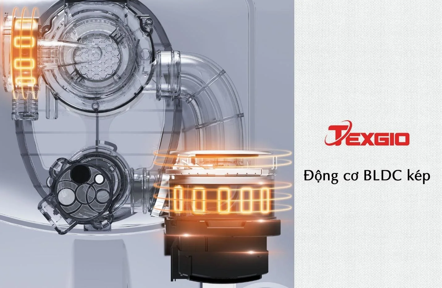 Hệ thống động cơ BLDC kép trên máy rửa bát TGDM795B Smart Pro, hỗ trợ vận hành ổn định và giảm tiếng ồn khi rửa