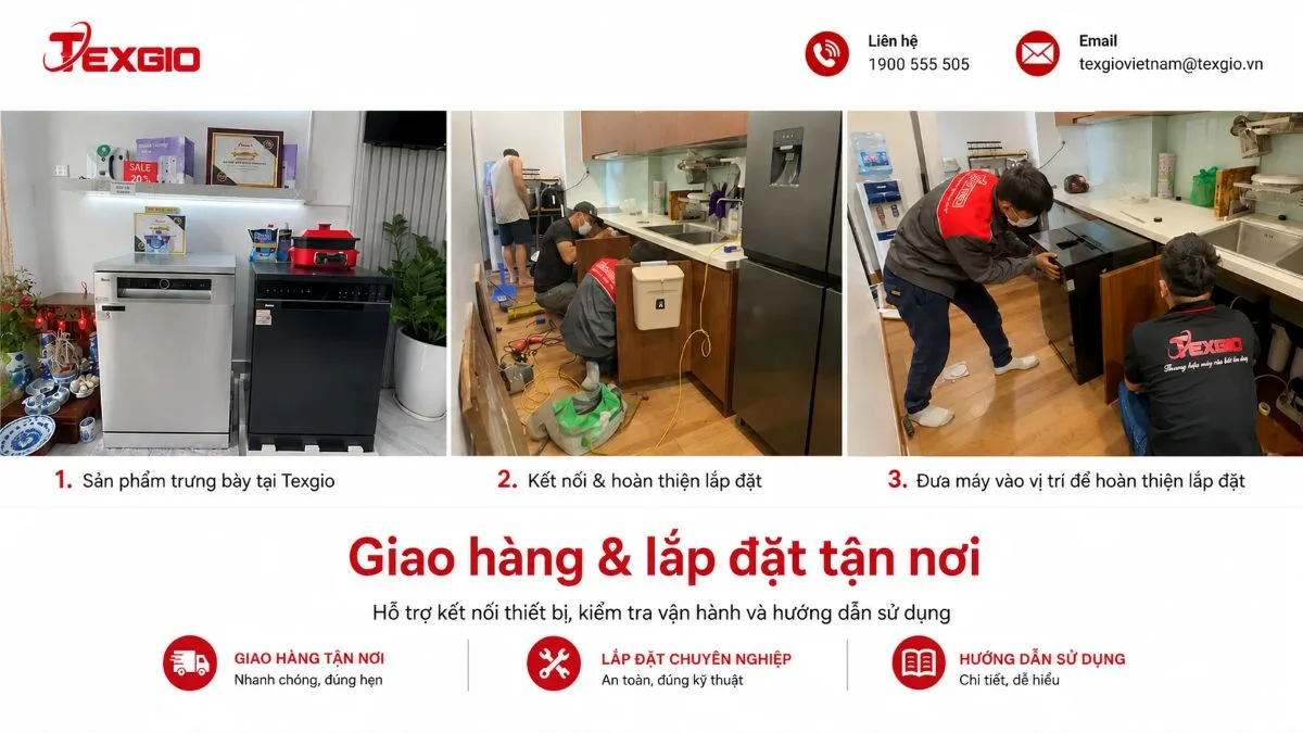 Quy trình giao hàng và lắp đặt máy rửa bát tận nơi: kỹ thuật viên Texgio kết nối thiết bị và đưa máy vào vị trí lắp đặt