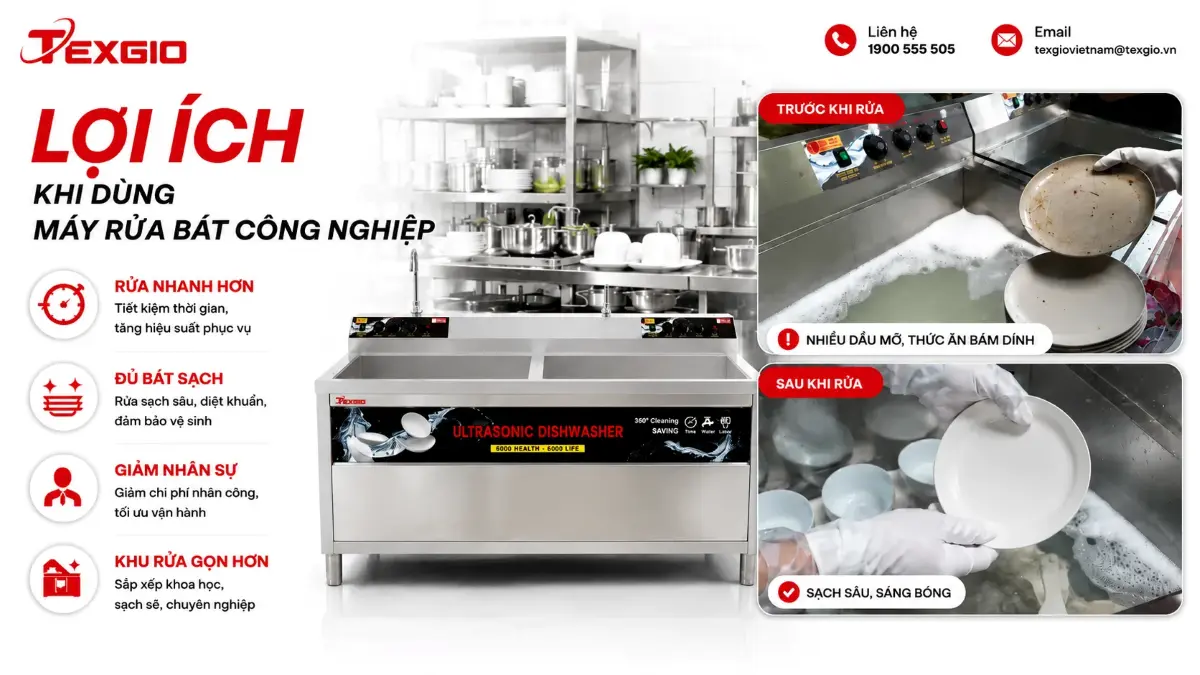 Lợi ích máy rửa bát công nghiệp với hình thực tế trước và sau khi rửa chén đĩa.