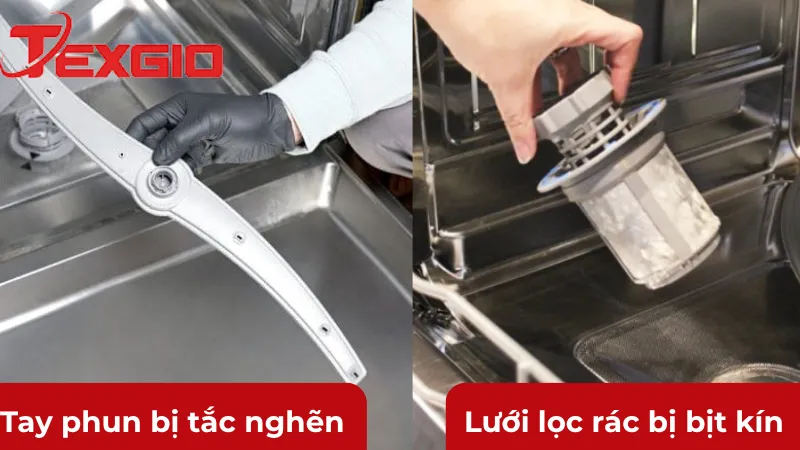 Lưới lọc rác bị bịt kín và tay phun bị tắc nghẽn
