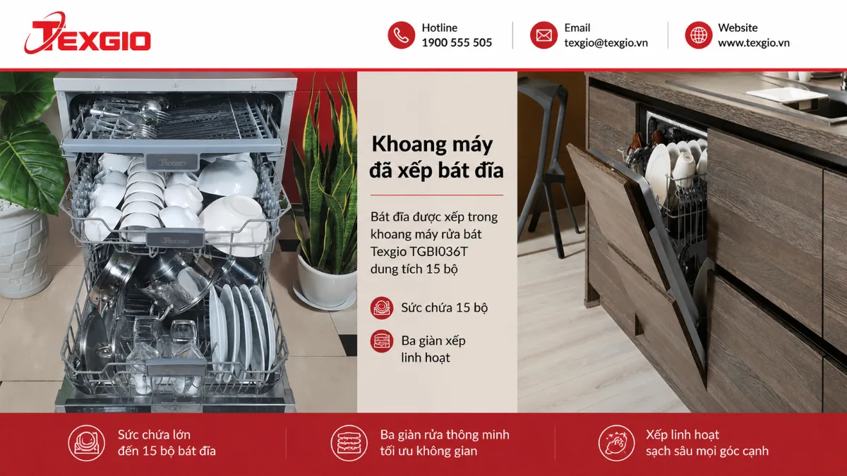 Khoang máy rửa chén Texgio TGBI036T dung tích 15 bộ sau khi xếp bát đĩa