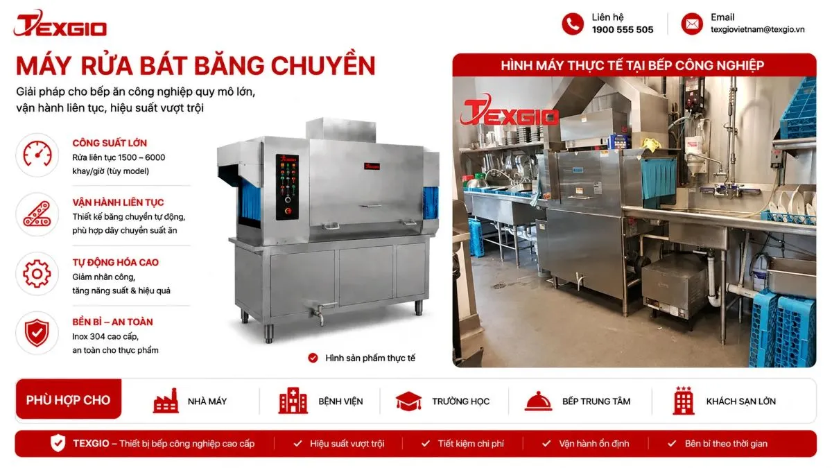 Máy rửa bát băng chuyền kèm ảnh máy thực tế tại bếp công nghiệp.