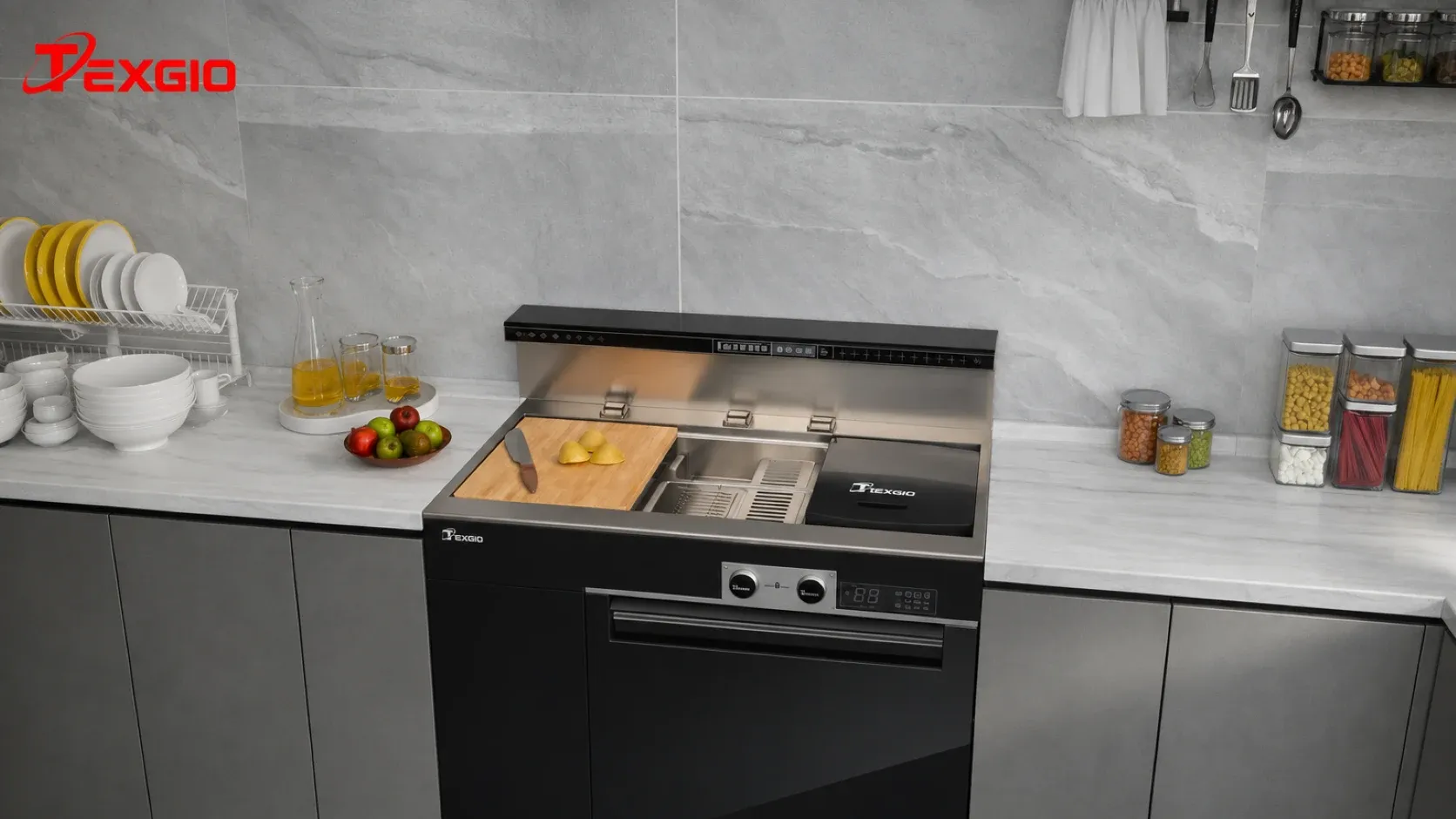 Máy rửa bát kết hợp chậu rửa với khu sơ chế, thớt, vòi nước, bồn inox và bảng điều khiển trên mặt bếp