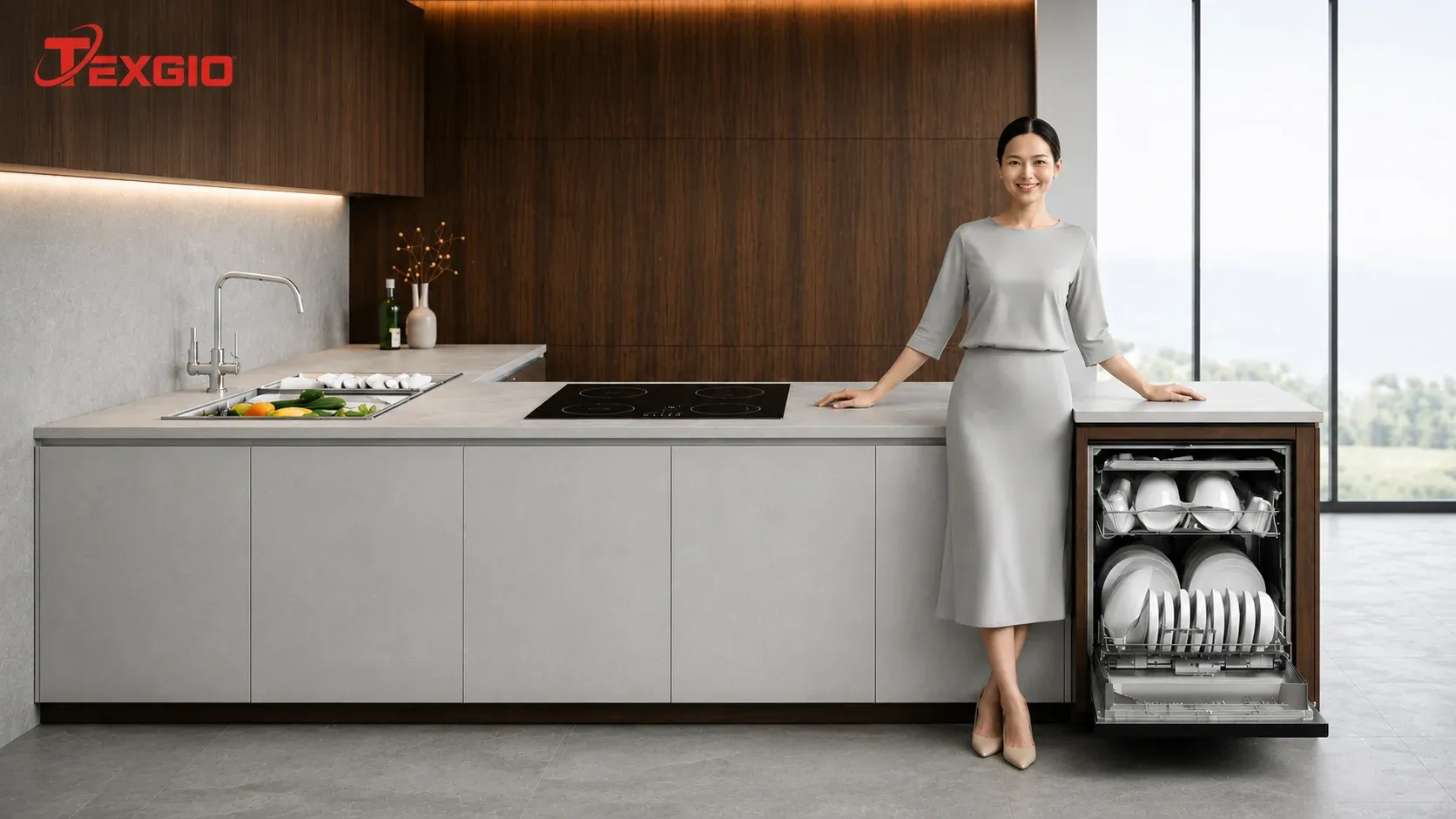 Máy rửa bát kết hợp chậu rửa lắp trong tủ bếp hiện đại, có khoang máy mở chứa bát đĩa bên cạnh khu chậu rửa