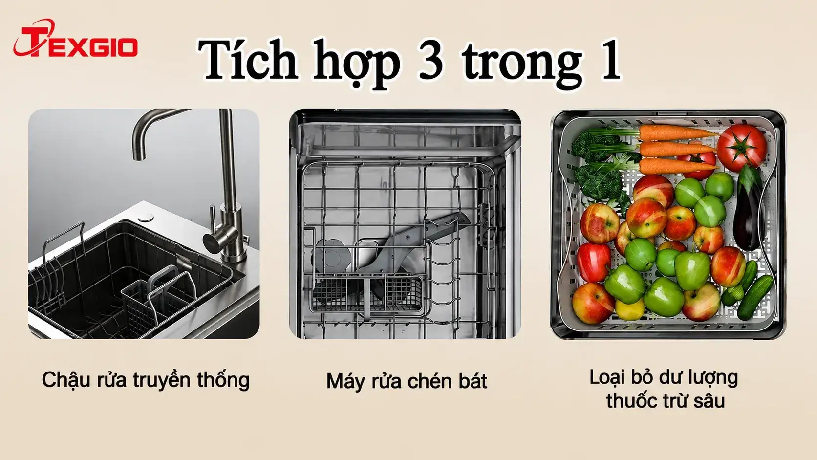 Máy rửa bát tích hợp chậu rửa truyền thống, khoang rửa chén bát và chức năng hỗ trợ làm sạch rau củ