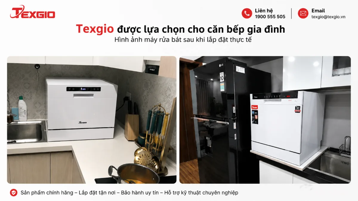 Máy rửa bát mini Texgio sau khi lắp đặt thực tế trong căn bếp gia đình