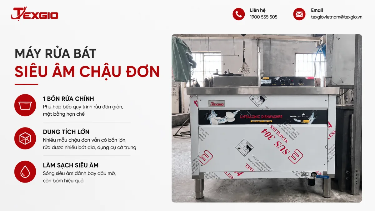 Máy rửa chén siêu âm chậu đơn dùng cho bếp công nghiệp, có bồn rửa lớn để xử lý bát đĩa và dụng cụ cỡ trung