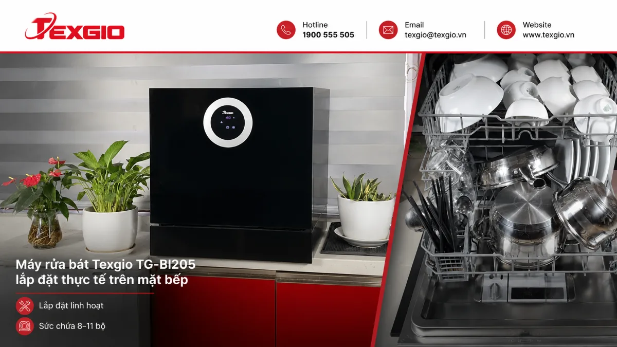 Máy rửa chén Texgio TG-BI205 lắp đặt thực tế trên mặt bếp với sức chứa từ 8 đến 11 bộ