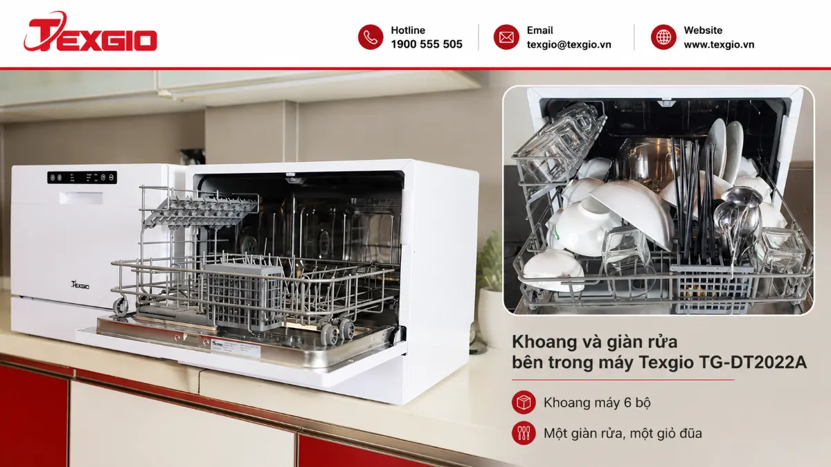 Máy rửa bát loại nhỏ Texgio TG-DT2022A dung tích 6 bộ với khoang và giàn rửa bên trong.