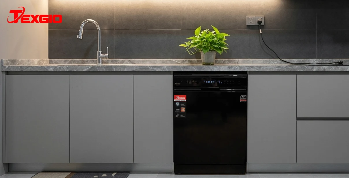 Máy rửa bát TGF8817B Perfect lắp bán âm trong tủ bếp gia đình, thiết kế màu đen đặt dưới mặt bàn bếp