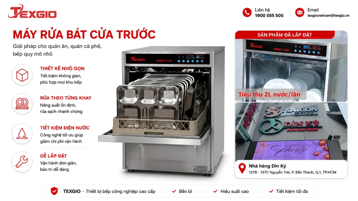 Máy rửa chén cửa trước với hình sản phẩm CMD1150 và ảnh lắp đặt thực tế tại nhà hàng Dìn Ký.
