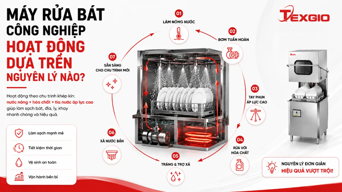 Infographic nguyên lý hoạt động máy rửa bát công nghiệp theo chu trình khép kín gồm làm nóng nước, bơm tuần hoàn, tay phun áp lực, tráng và xả nước bẩn.