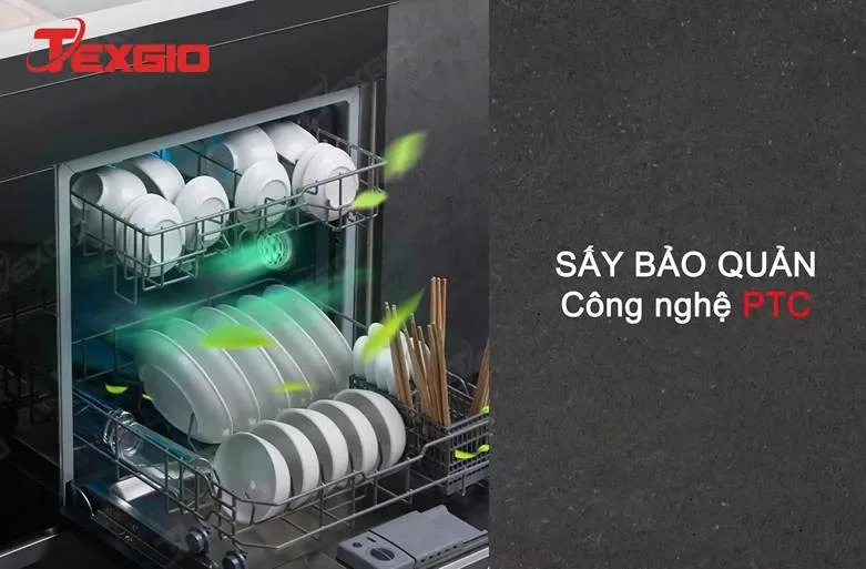 Tính năng sấy bảo quản PTC trên máy rửa bát liền chậu TGUMF11S, giúp giữ khoang rửa khô thoáng sau khi rửa bát đĩa