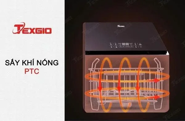 Công nghệ sấy khí nóng PTC trên máy rửa chén bát liền chậu TGUS06HA, hỗ trợ làm khô bát đĩa trong khoang rửa