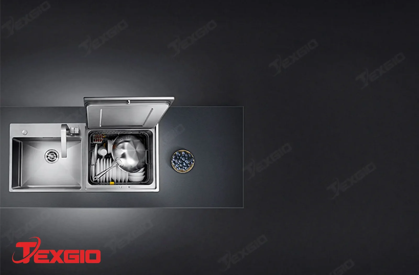 Thiết kế máy rửa bát kết hợp chậu rửa TGUS06HA nhìn từ trên xuống, gồm chậu inox, vòi nước và khoang rửa bát đĩa