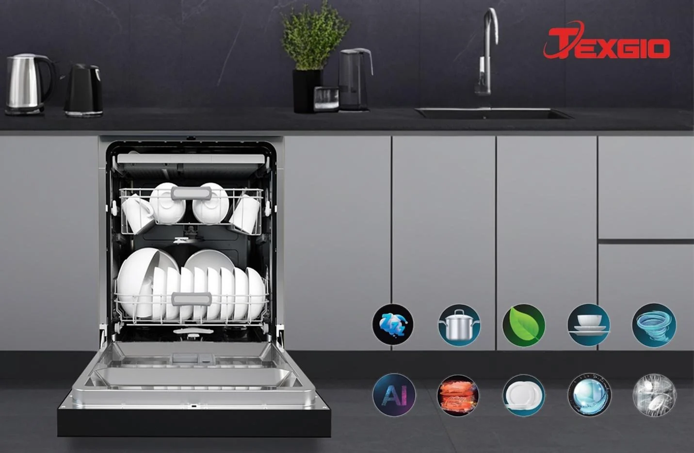 Máy rửa bát TGDM795B Smart Pro mở khoang rửa, minh họa các tính năng và chương trình như rửa yên tĩnh, rửa nồi, tiết kiệm, UV và sấy khô